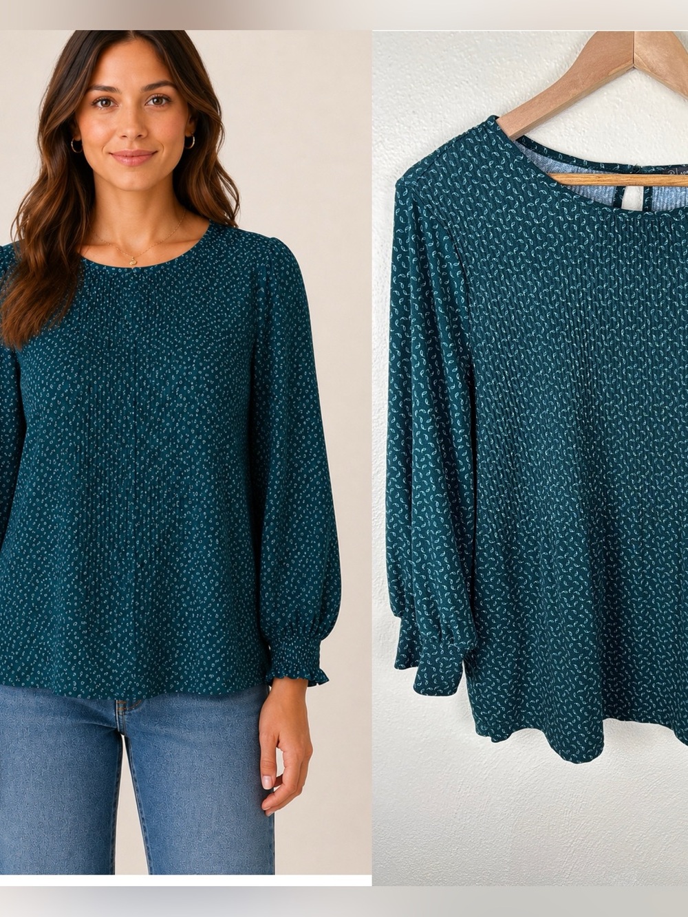 Adrianna Papell Green Paisley Print Pintuck Blouse Women’s Size Medium Office